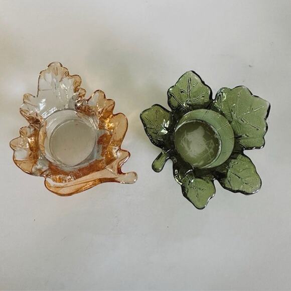 Vintage Maple Leaf Green & Orange Glass Votive Tea Light Candle Holder Set - Picture 10 of 12
